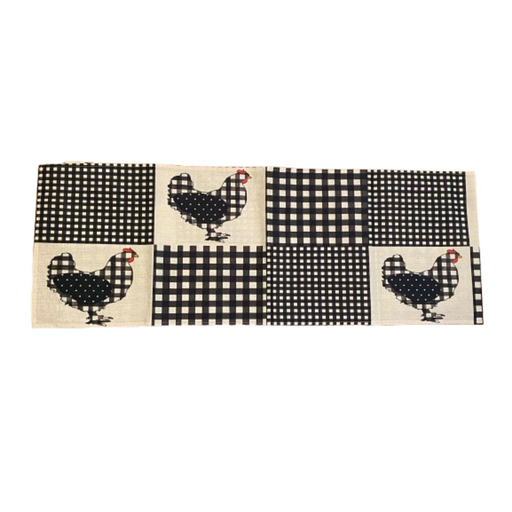 Table Runner 13x72in Black and White Chickens Woven Polyester